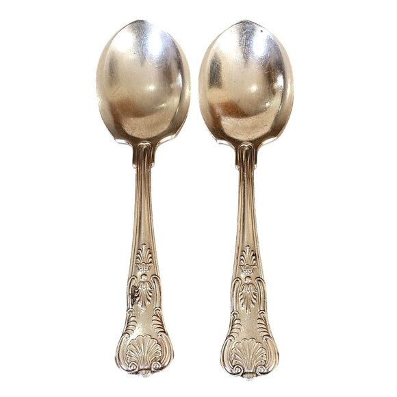 2 Reed Barton Kings Soup Spoons 6" vintage scrolls flourishes no anchor flatware - Picture 2 of 7